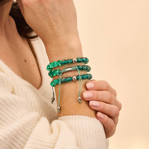 Sarcelle | Argent | Bracelet macramé verre luciole